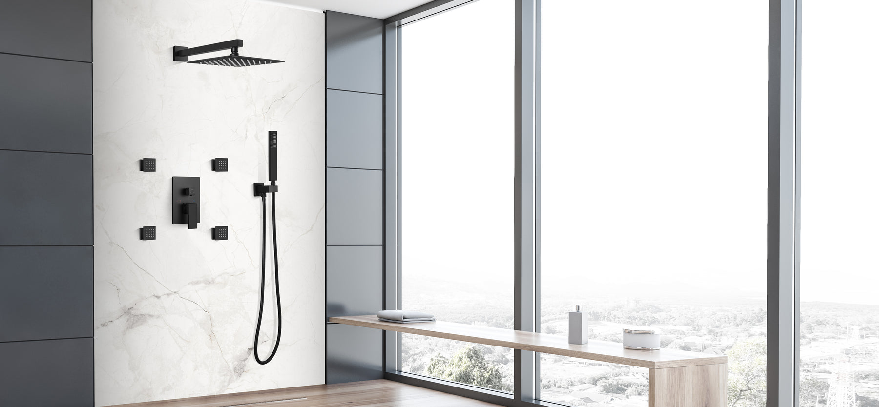 gotonovo Rain Mixer Shower Faucet Set 12 inch Square Rainfall Shower Head with Body Spray Jets and Brass Handshower Matte Black Wall Mounted Pressure Balance Rough-in Valve and Trim Included