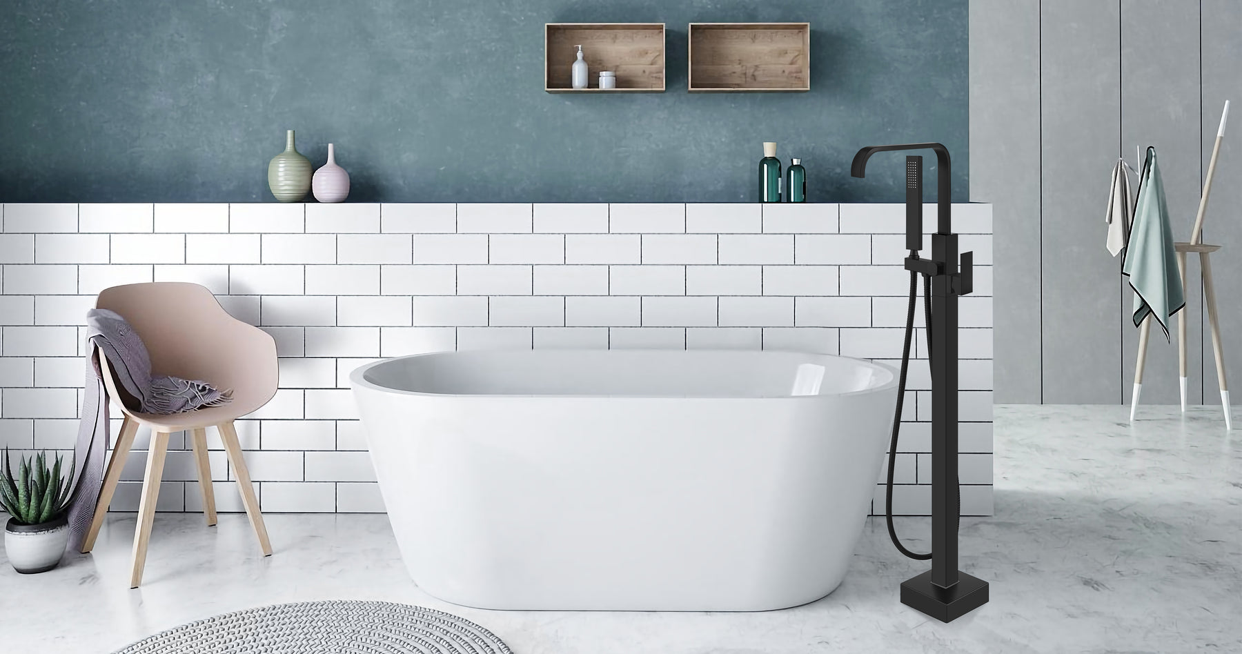 gotonovo Waterfall Freestanding Bathtub Faucet Floor Mount Tub Filler Brass Single Handle with Hand Shower and Swivel Tub Spout