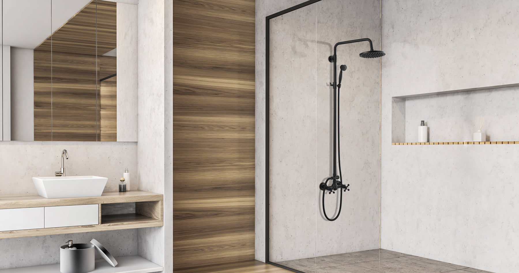 Matte Black Rain Shower System Set 2 Cross Knobs Mixing 8 Inch Rainfall Shower Head with Handheld Spray Bathroom Shower Faucet Wall Mounted