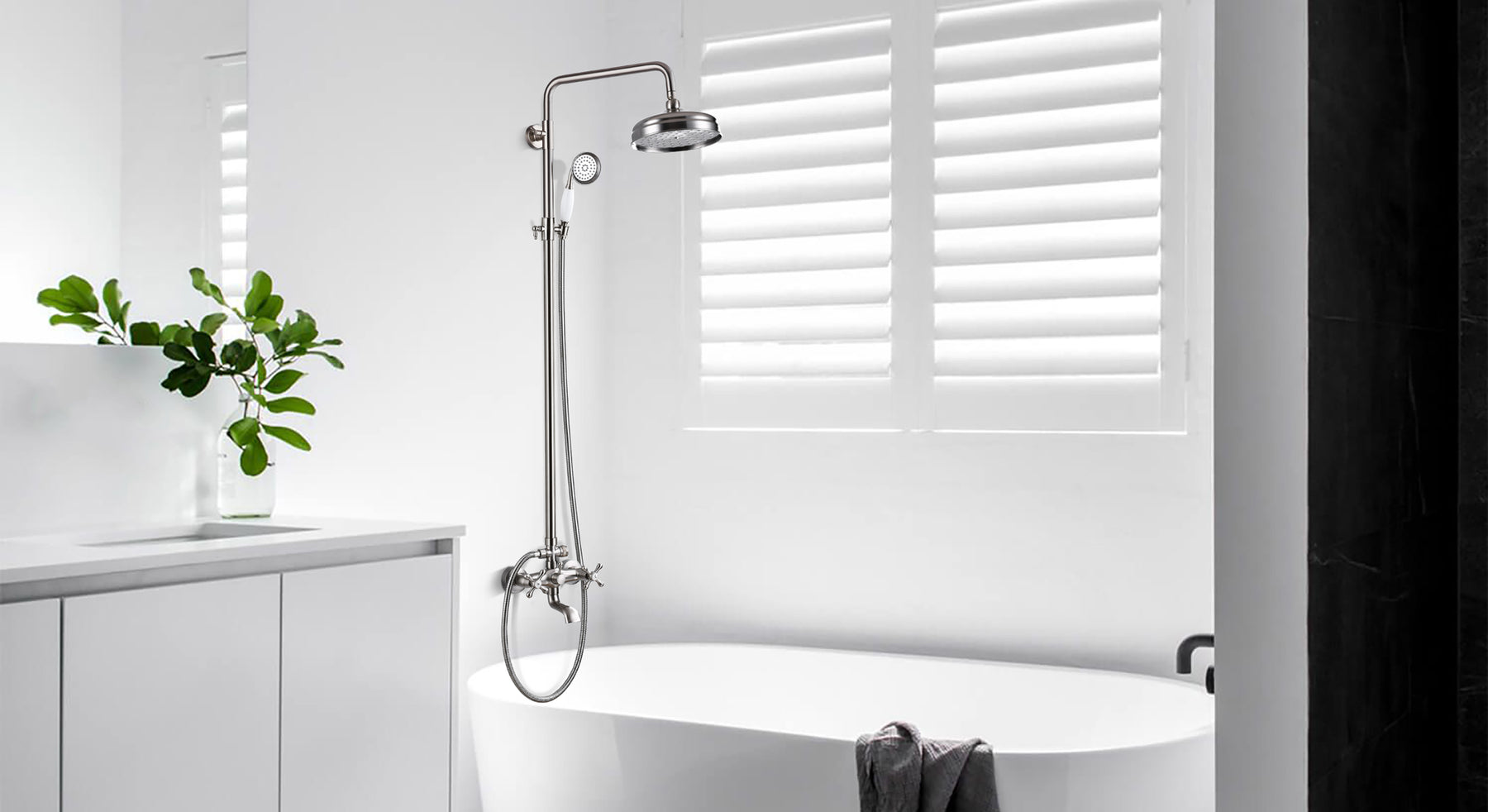Brushed Nickel Bathtub Shower Faucet System 8-inch Rainfall Showerhead with Handheld Spray Dual Cross Knobs Handles Wall Mounted Triple Function Shower Unit