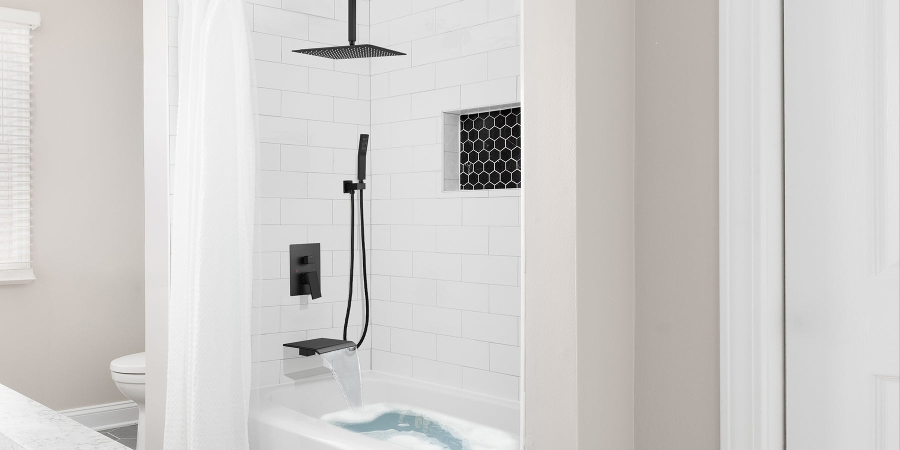 gotonovo Rain Shower System Rainfall Shower Head Combo Shower Faucet Set with Waterfall Bathtub Spout Handheld Shower Ceiling Mount Rough-in Valve Kit Included 16" Matte Black