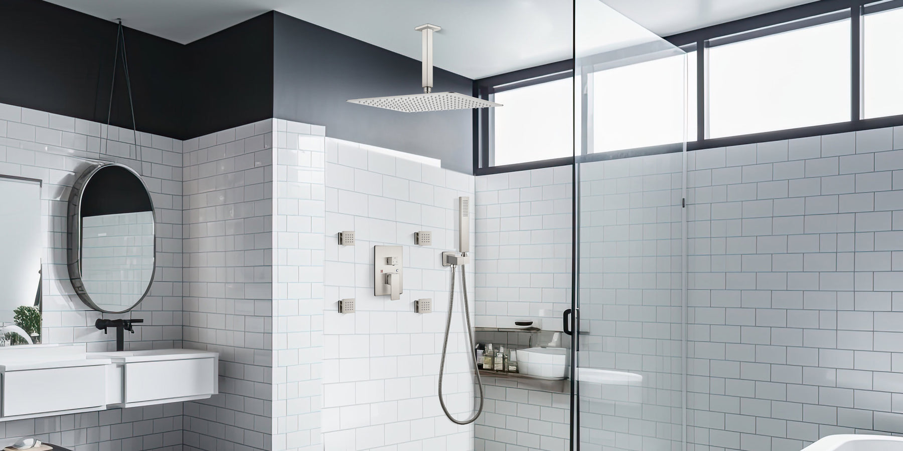 gotonovo Ceiling Mounted Rain Mixer Shower Faucet Set 16 inch Square Rainfall Shower Head with 4 Body Spray Jets and Brass Handshower Brushed Nickel Rough-in Valve and Trim Included