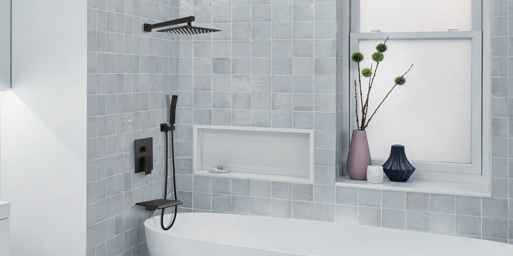 gotonovo Oil Rubbed Bronze Rain Mixer Shower Faucet Set Waterfall Tub Spout with 12 inch Square Rainfall Shower Head and Handheld Spray Wall Mounted Rough-in Valve and Trim Included