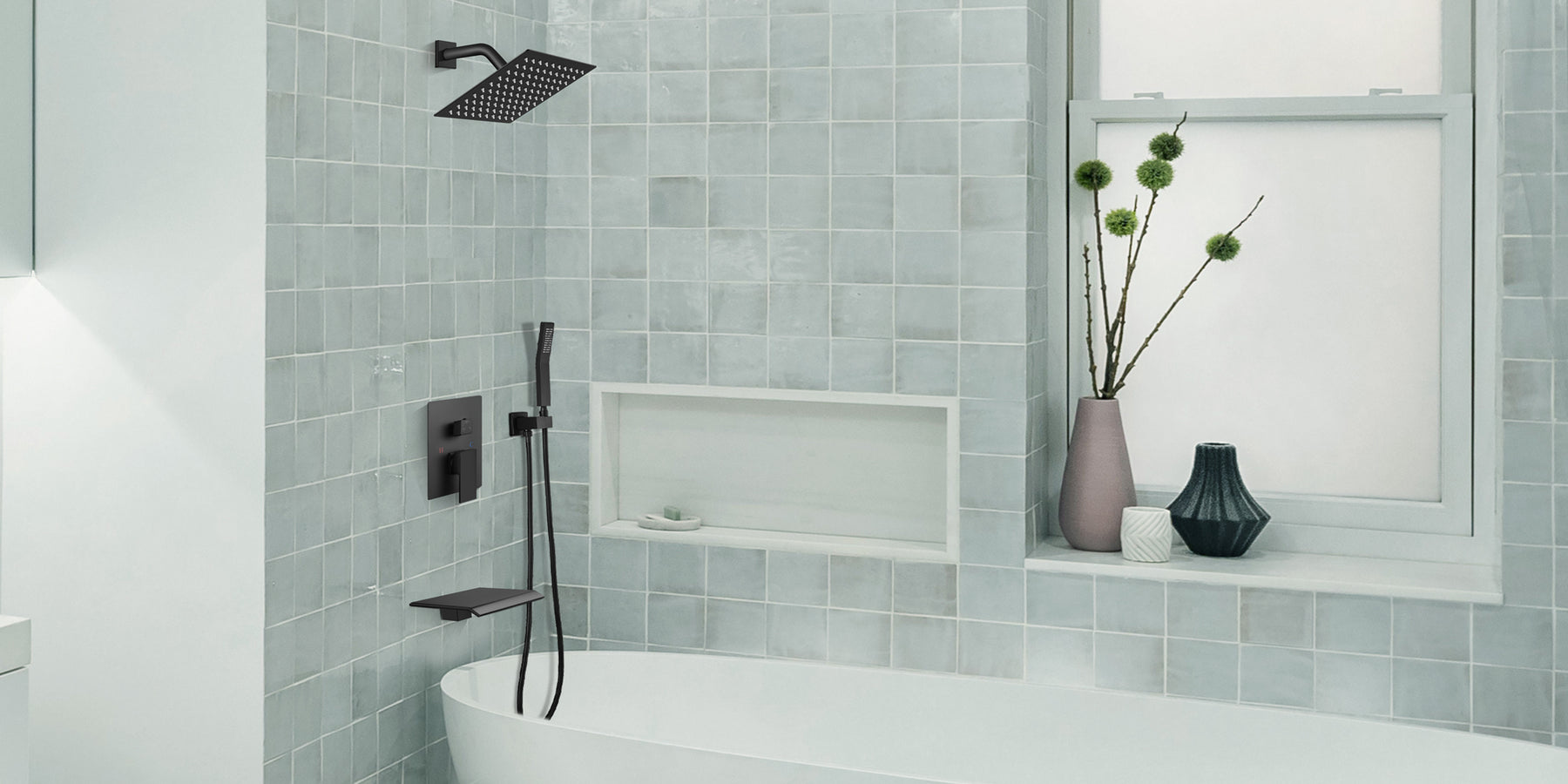 gotonovo Matte Black Shower System Bathroom Shower Faucet Wall Mount 8 Inch Square Rainfall Shower Head 3-Function Waterfall Tub Spout and Hand Held Spray with Rough-in Valve and Shower Trim Included