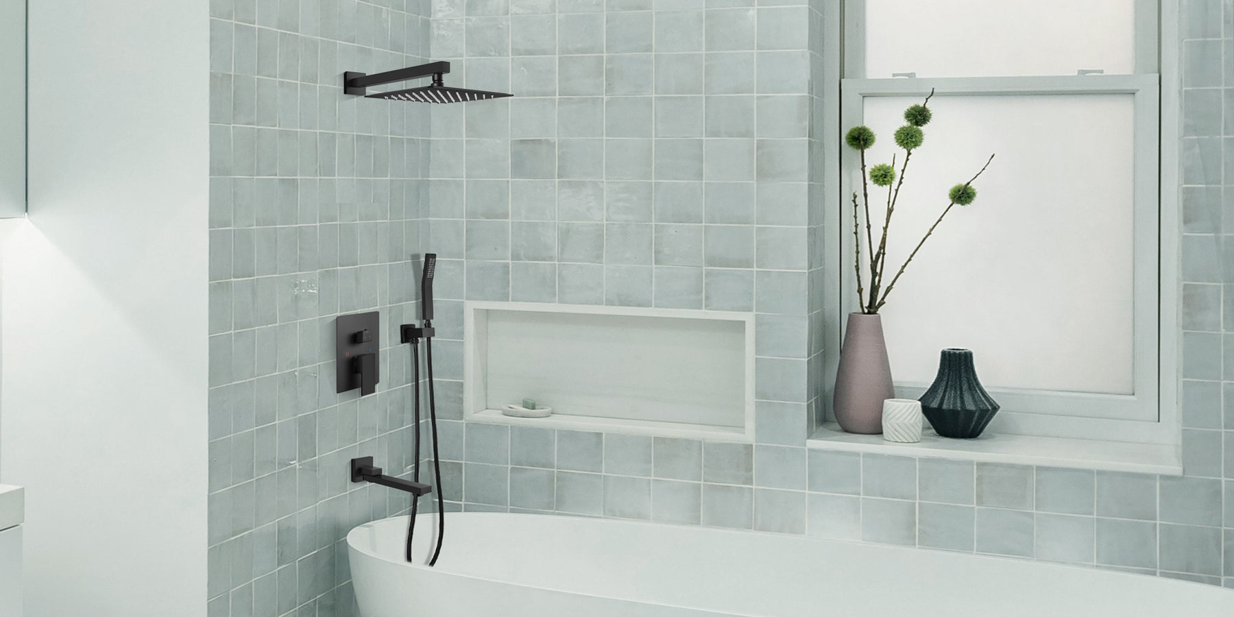 gotonovo Matte Black Bathtub Kit with Valve Wall Mount Triple Function Bathroom Shower System with Tub Spout High Pressure Square 10" Rain Showerhead Hand Shower Rough-In Valve