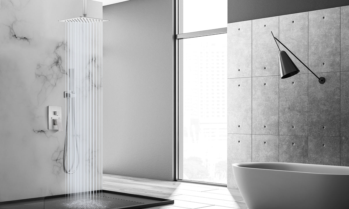 Rain Mixer Shower Faucet Set with Waterfall Tub Spout Rainfall Shower Head Ceiling Mount with Handheld Spray