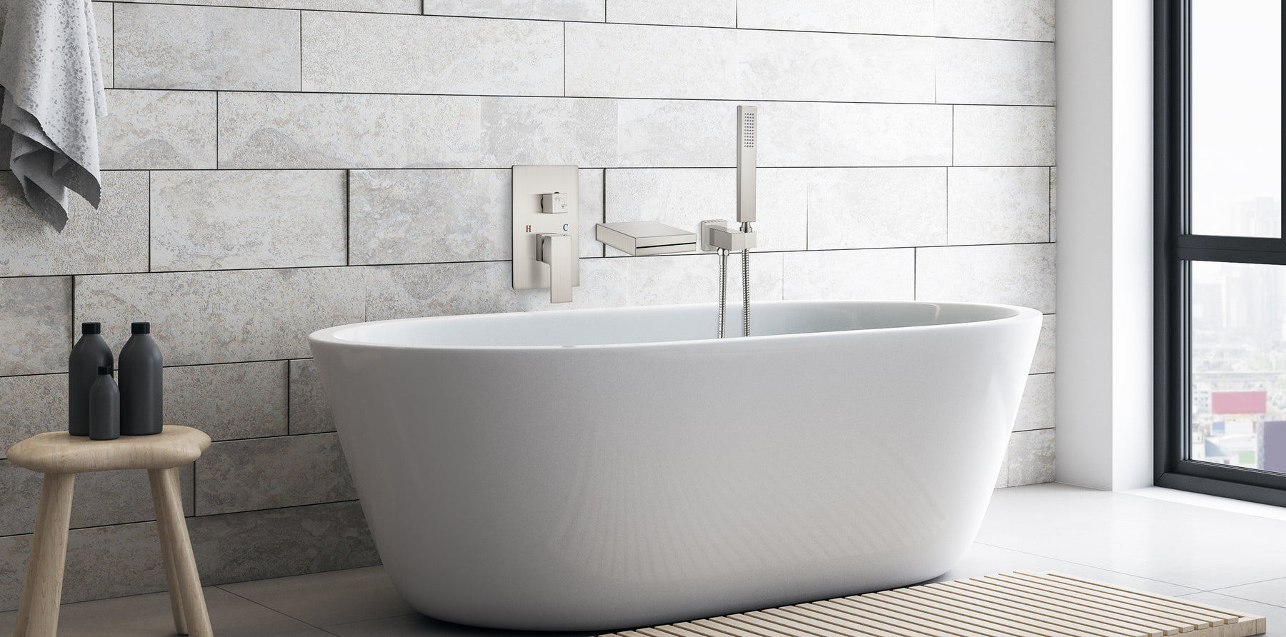Brushed Nickel Waterfall Bathtub Faucet with Hand Held Shower Wall Mounted Rough in Valve Bathroom Tub Filler Spout Bathtub Sprayer Solid Brass