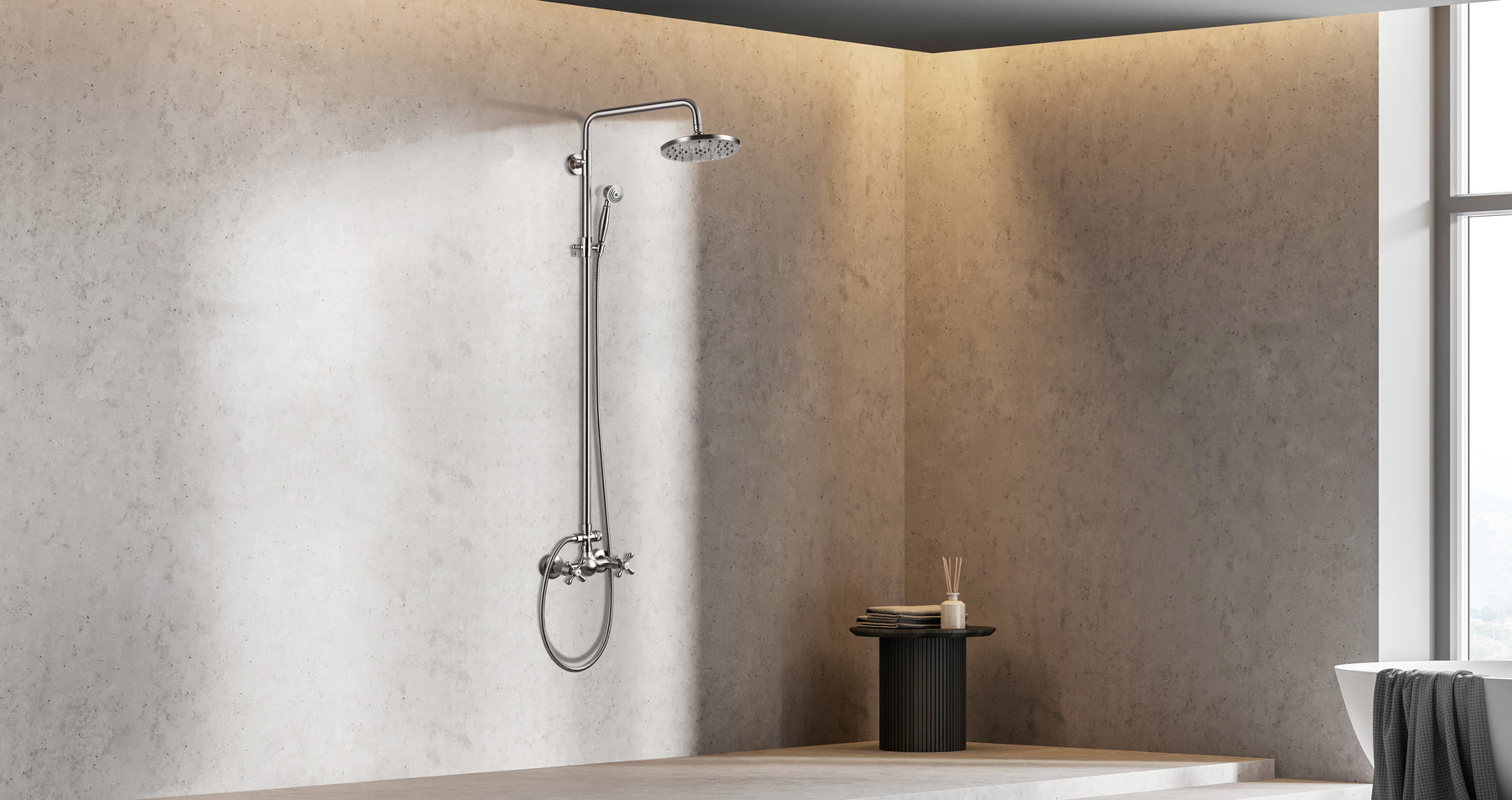 Shower Faucet Sets 8 Inch Rain Shower Head 2 Cross Knobs Mixer Shower System with Handheld Shower Spray Brushed Nickel Finish Silver