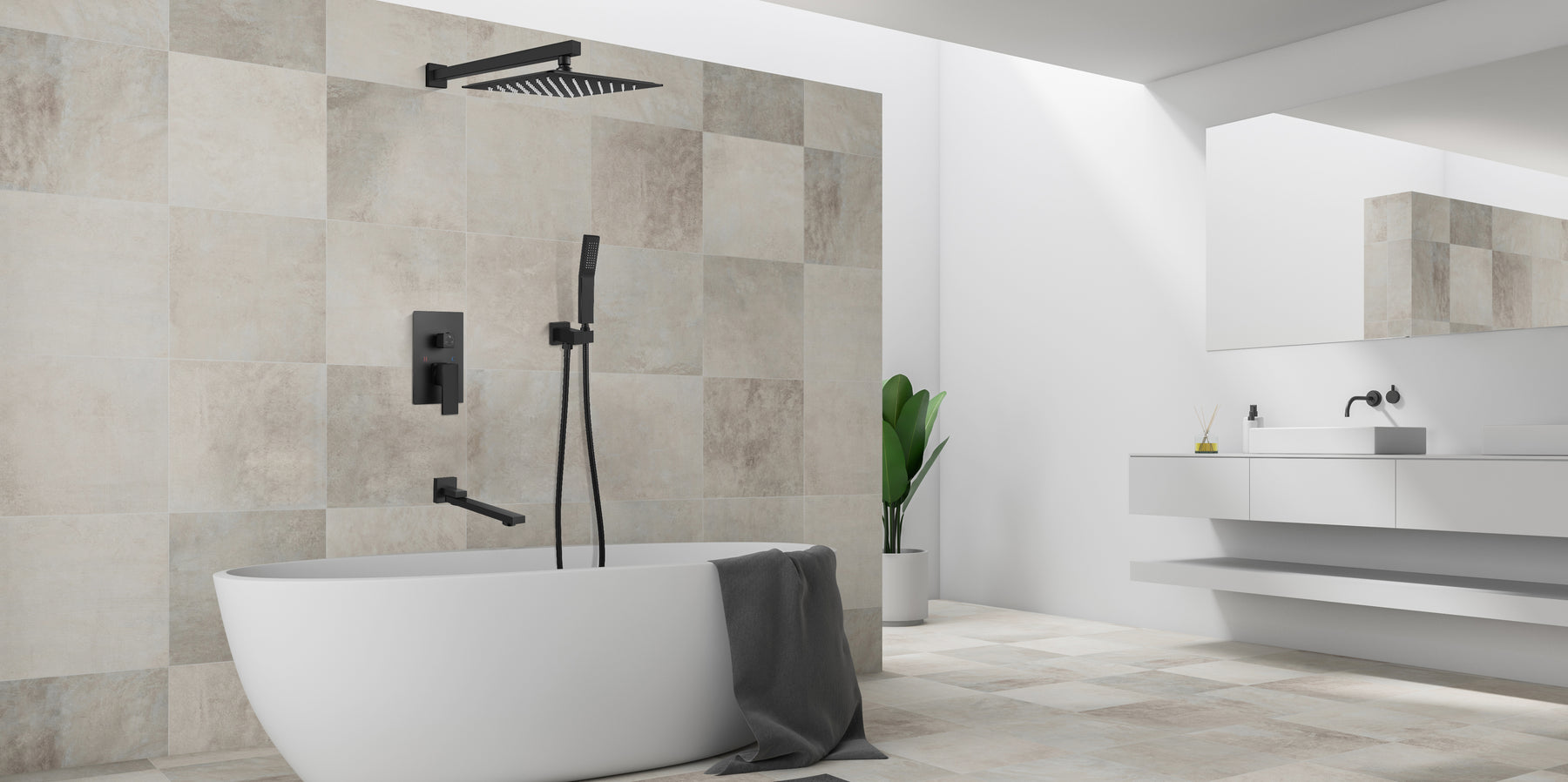 Matte Black Shower Faucet Set Wall Mount Triple Function Bathroom Shower System with Tub Spout High Pressure Square 10" Rain Showerhead Hand Shower Rough-In Valve