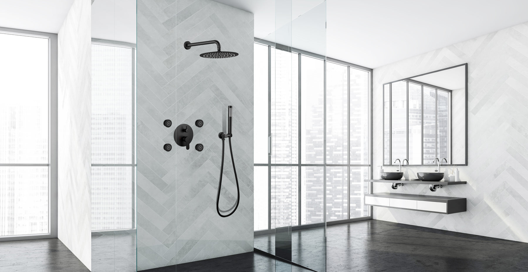 gotonovo 12’’ Rain Mixer Shower System Wall Mount Round Shower Head Combo Set with 4pcs Body Spray Jets and Brass Handheld Shower Matte Black High Pressure Rough-in Valve and Trim Included