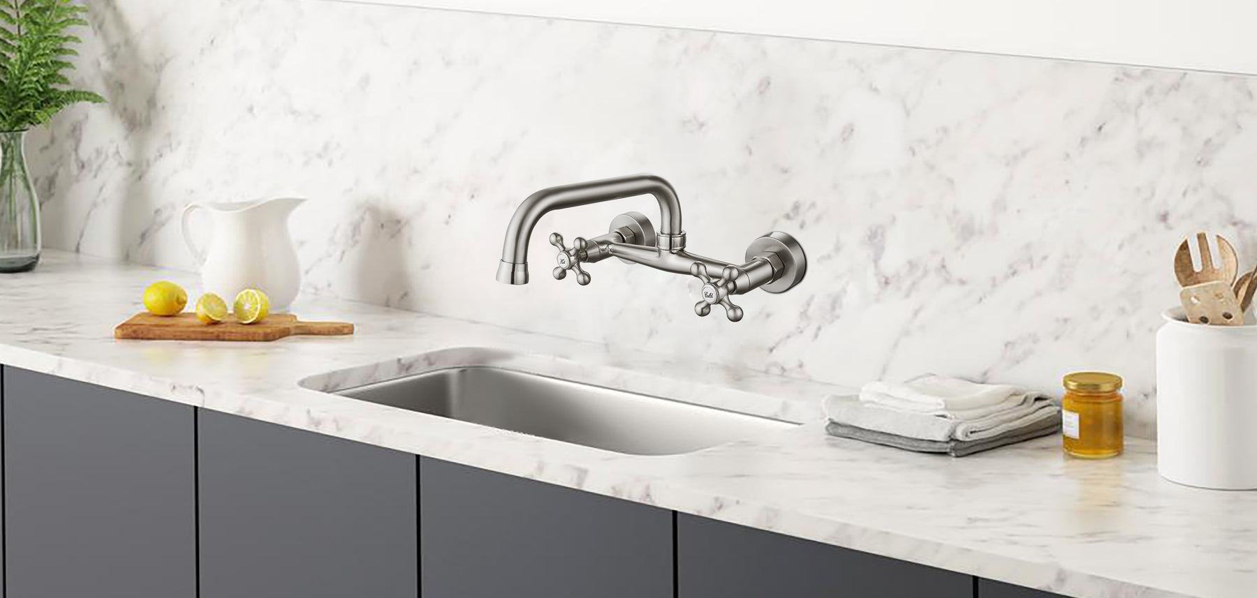 Brushed Nickel Wall Mount Faucet 8 Inch Center Kitchen Sink Taps 2 Cross Knobs Handle Victorian Commercial with 9 inch Spout