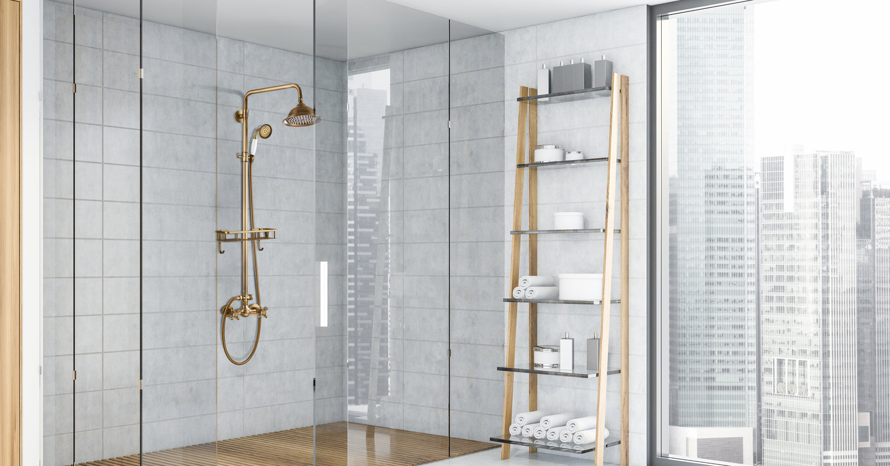 gotonovo Antique Brass Exposed Bathroom Shower Faucet with Shower Shelf 8 inch Rain Shower Head Double Cross Handle With Adjustable Handheld Sprayer Shower Shower System 2 Functions Wall Mounted