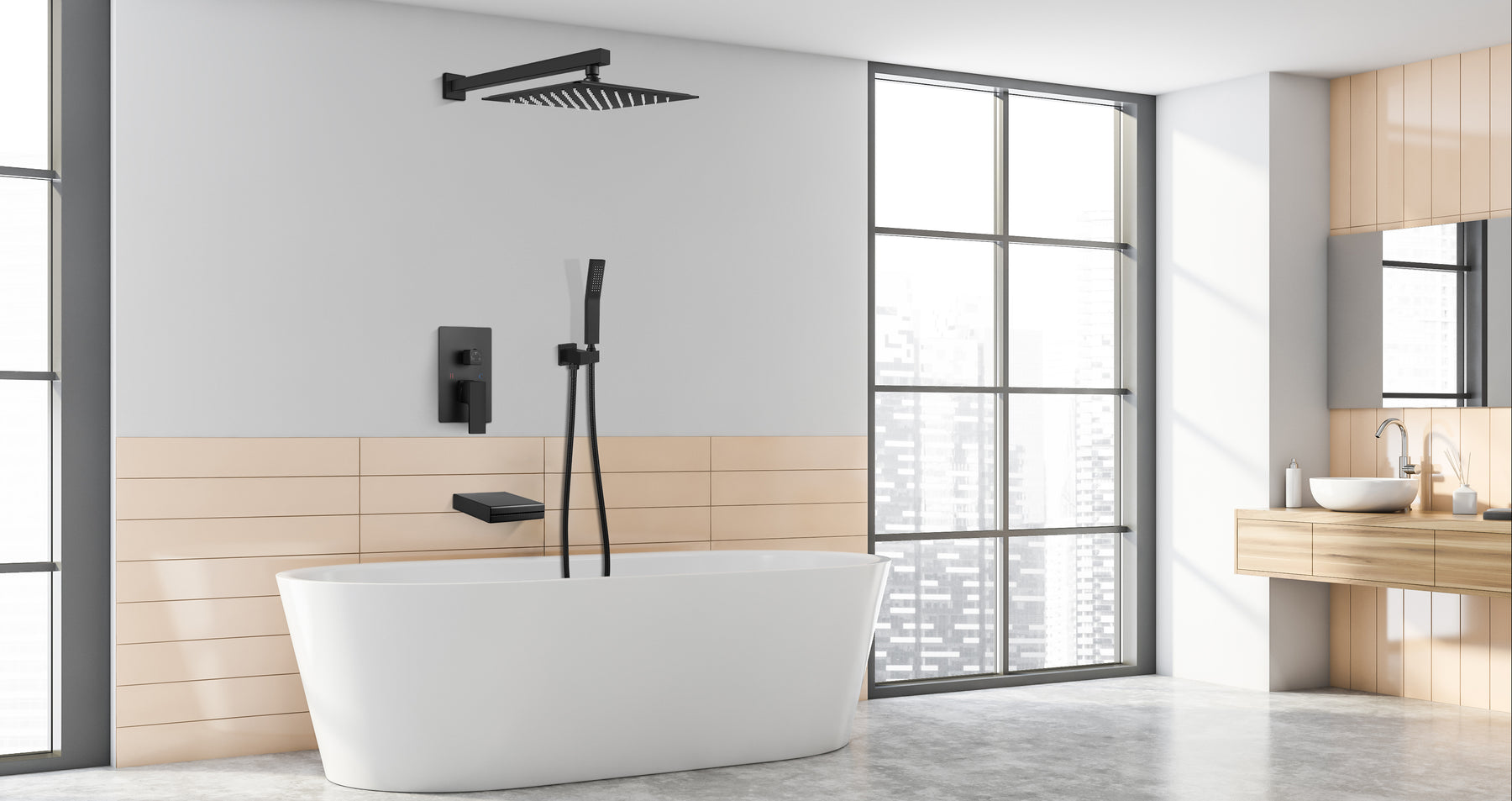 gotonovo Matte Black Rain Mixer Shower Faucet Set Waterfall Tub Spout with 12 inch Square Rainfall Shower Head and Handheld Spray Wall Mounted Rough-in Valve and Trim Included