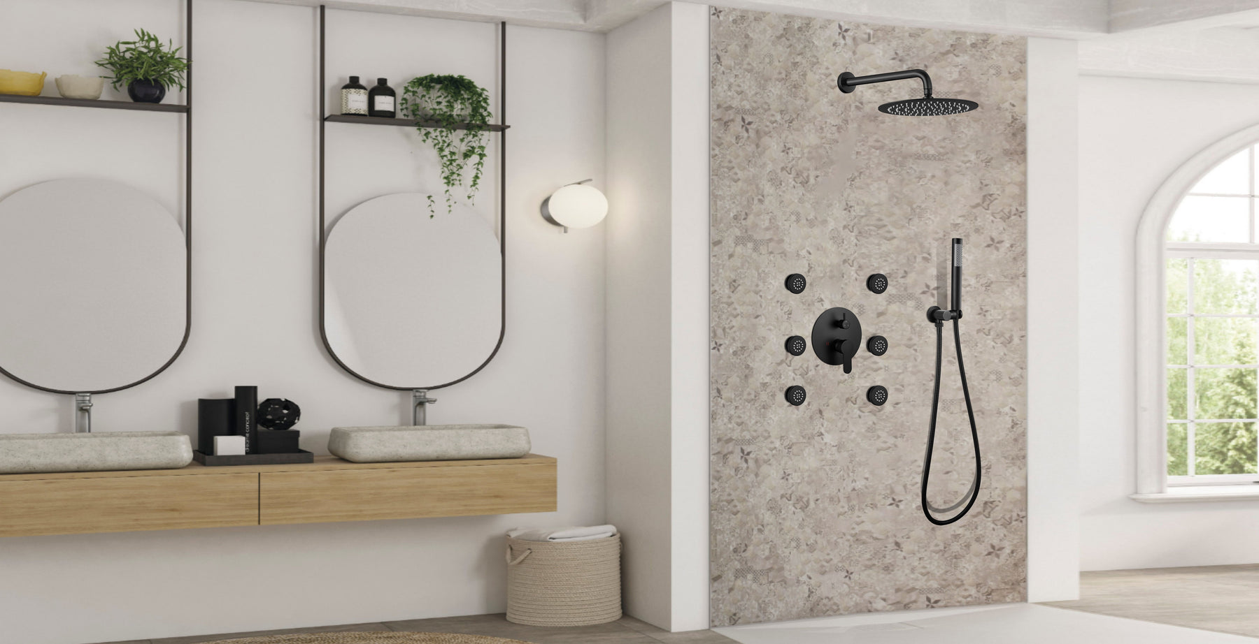 gotonovo Wall Mounted Matte Black Rain Mixer Shower Faucet System with 12 inch Round Rainfall Shower Head with 6 Body Spray Jets with Luxury Shower Combo Complete Set