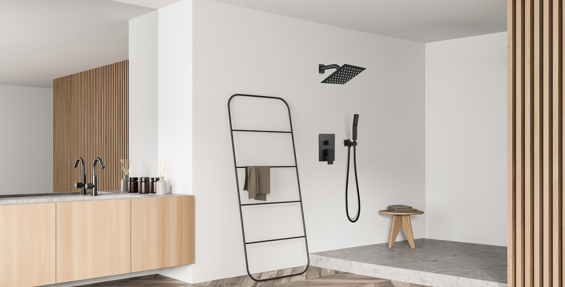 gotonovo Matt Black Shower System Bathroom Shower Faucet Set Wall Mounted 8 Inch Square Rainfall Shower Head 2-Function Single Handle and Hand Held Spray with Rough-in Valve and Shower Trim Included