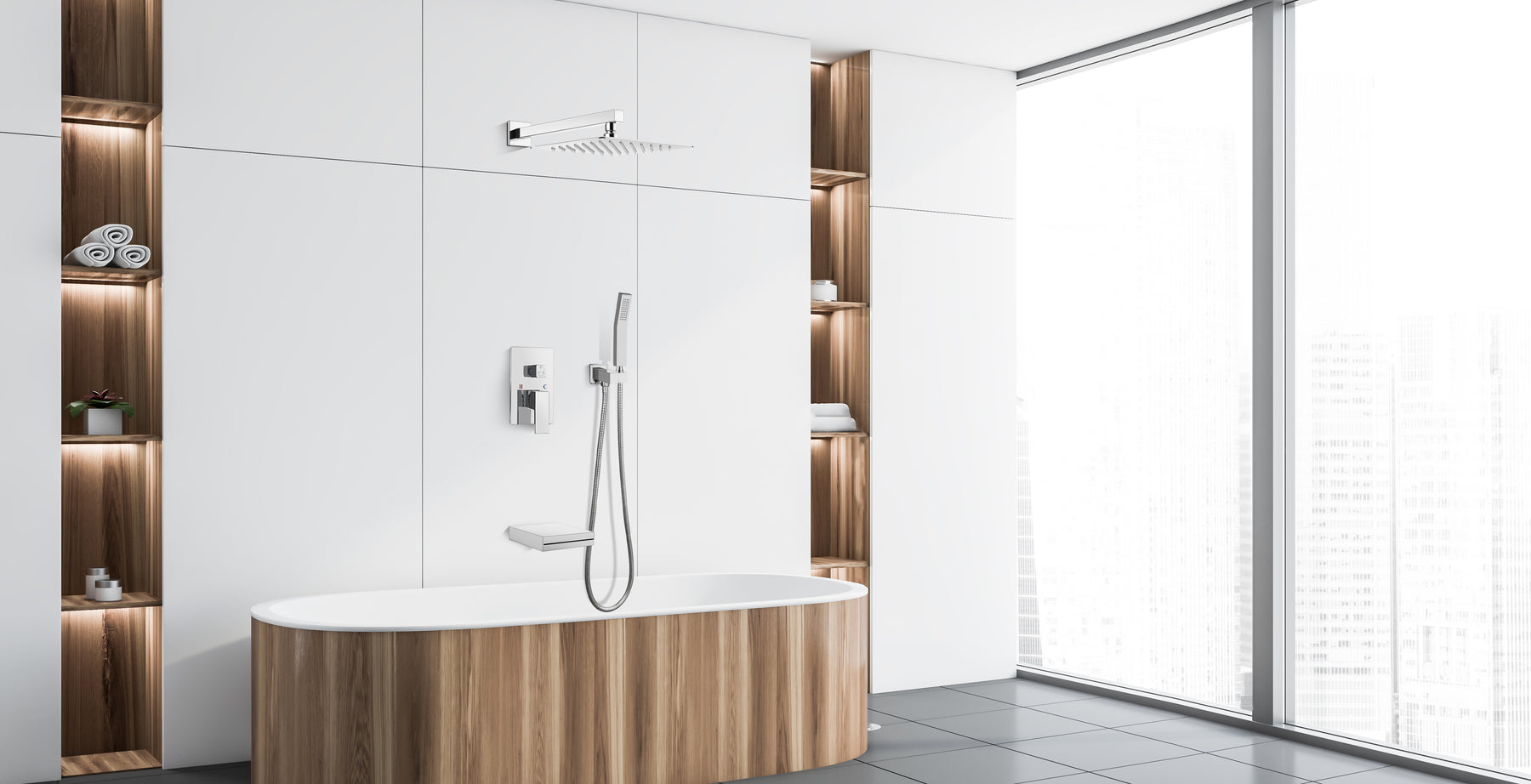 gotonovo Polish Chrome Rain Mixer Shower Faucet Set with Waterfall Tub Spout 10 inch Square Rainfall Shower Head with Handheld Spray Wall Mounted Rough-in Valve and Trim Included