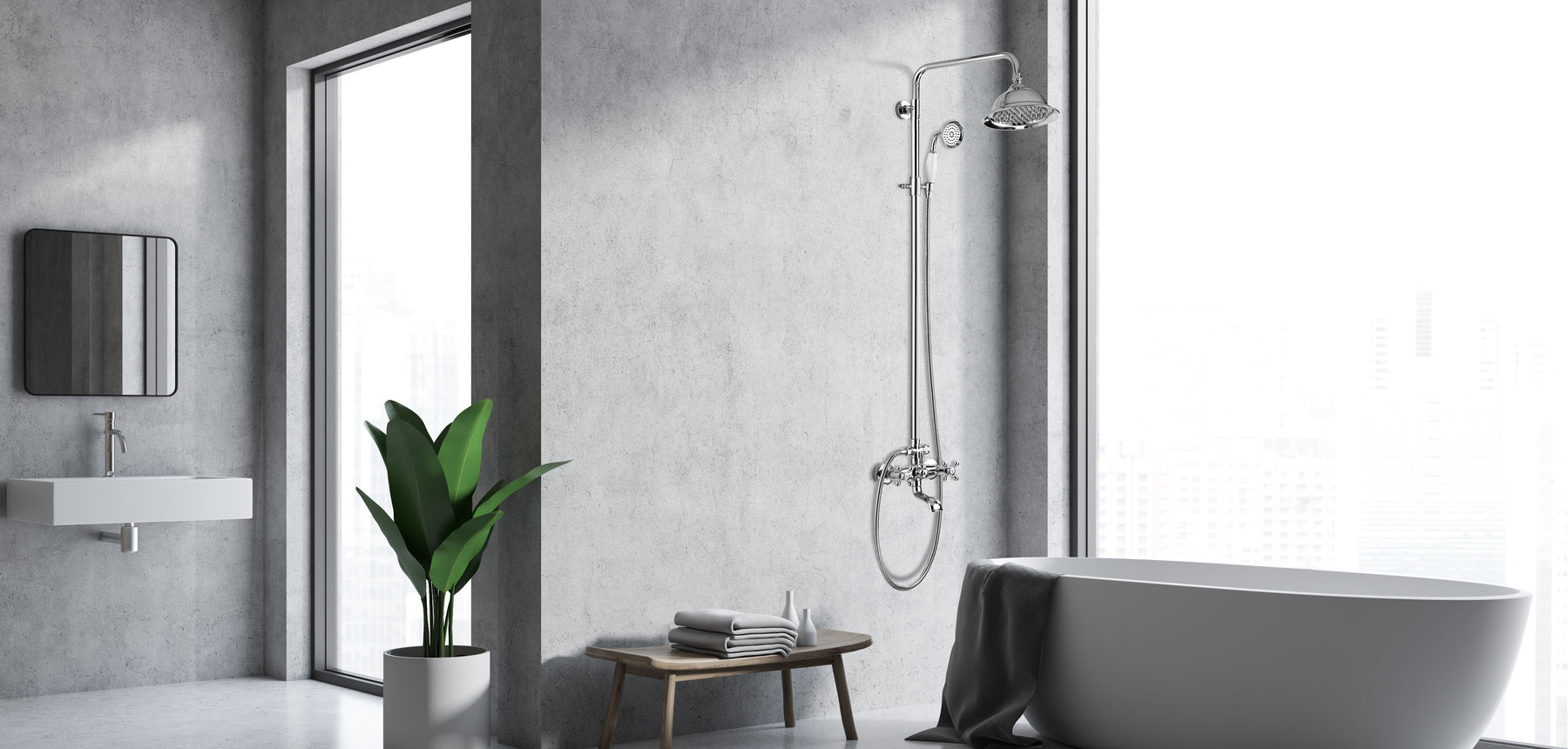 Bathroom Shower Fixture Polish Chrome 8 Inch Rainfall Shower Head Set with Tub Spout Shower Faucet and Handheld Spray Wall Mount Double Cross Handle