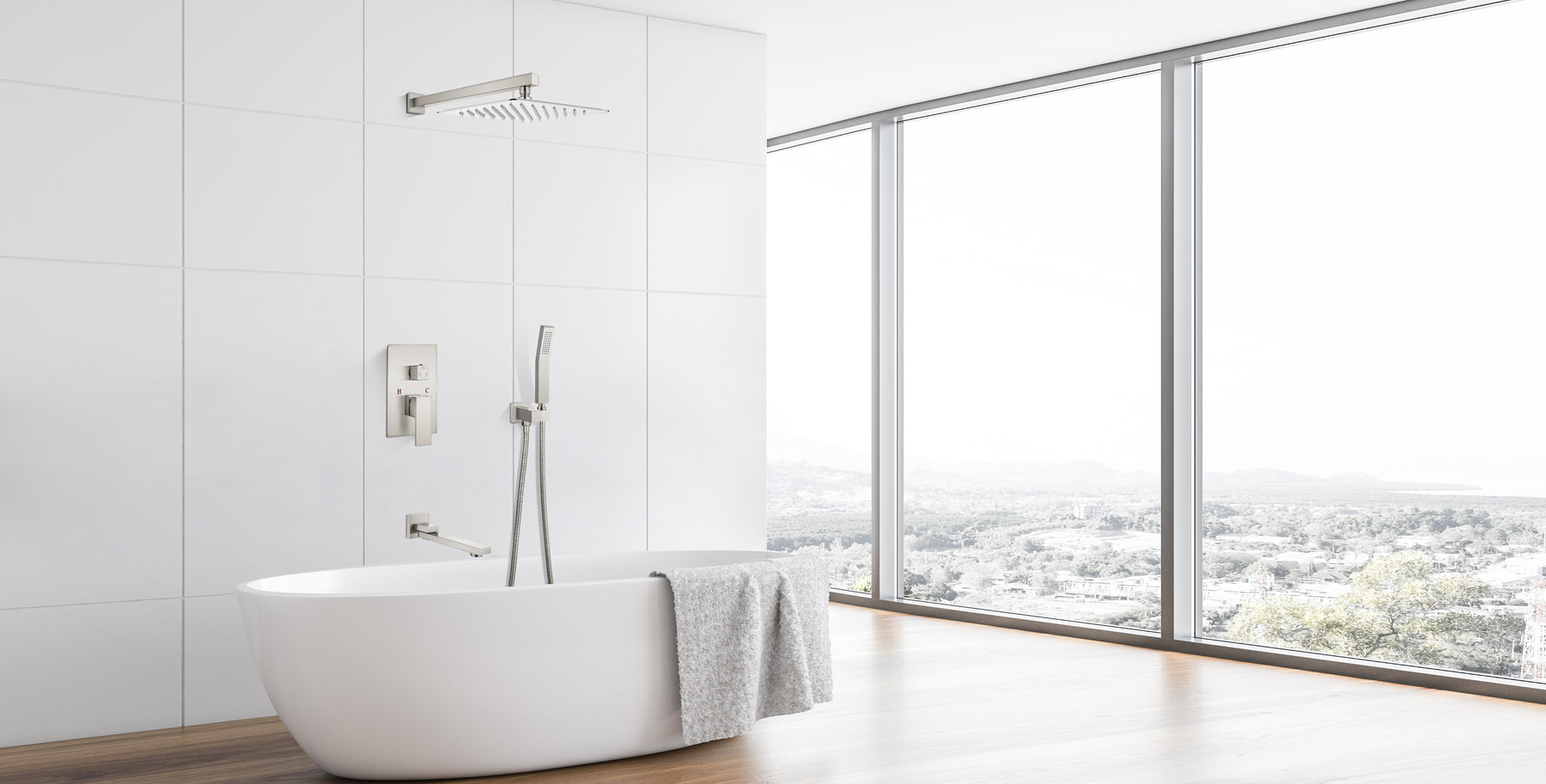 10" Rainfall Shower Head Shower Faucet Set Brushed Nickel Wall Mount Bathroom Shower System with Tub Spout Square High Pressure with Hand Sprayer Rough-In Valve