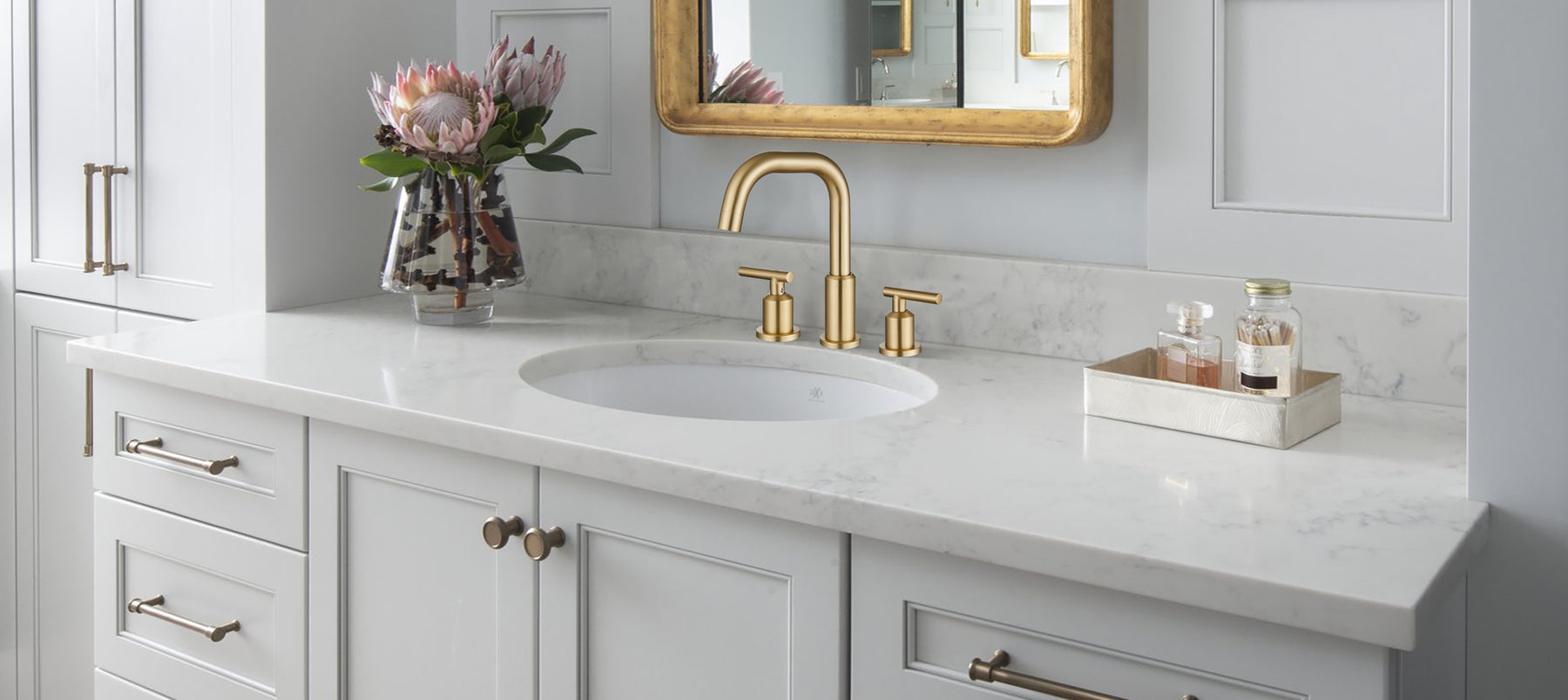 gotonovo 3 Hole Deck Mount 8 Inch Widespread Bathroom Faucet Lavatory Basin Bathroom Sink Faucet with Hot and Cold Mixer Valves Brushed Gold with Pop Up Drain Double Lever Handles