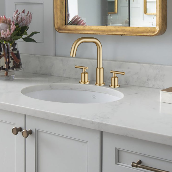 gotonovo 3 Hole Deck Mount 8 Inch Widespread Bathroom Faucet Lavatory Basin Bathroom Sink Faucet with Hot and Cold Mixer Valves Brushed Gold with Pop Up Drain Double Lever Handles