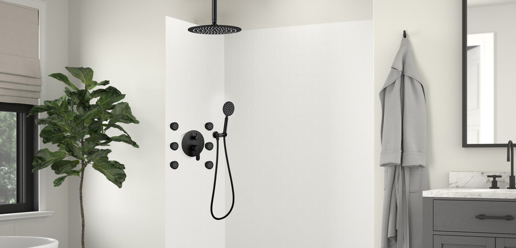 Matte Black gotonovo Ceiling Mounted 12 inch High-Pressure Shower Head with Handheld 6 pcs Body Sprays with Luxury Shower Mixer Combo Set Rough-In Valve