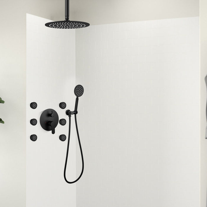 Matte Black gotonovo Ceiling Mounted 12 inch High-Pressure Shower Head with Handheld 6 pcs Body Sprays with Luxury Shower Mixer Combo Set Rough-In Valve