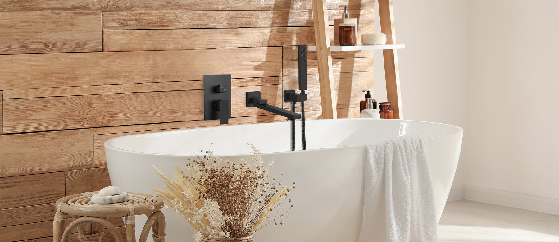 gotonovo Matte Black Wall Mount Bathtub Faucet with Hand Held Sprayer and Swivel Tub Filler Single Handle Bathroom Shower System Mixer For Tub Rough-In Valve Included Dual Functions