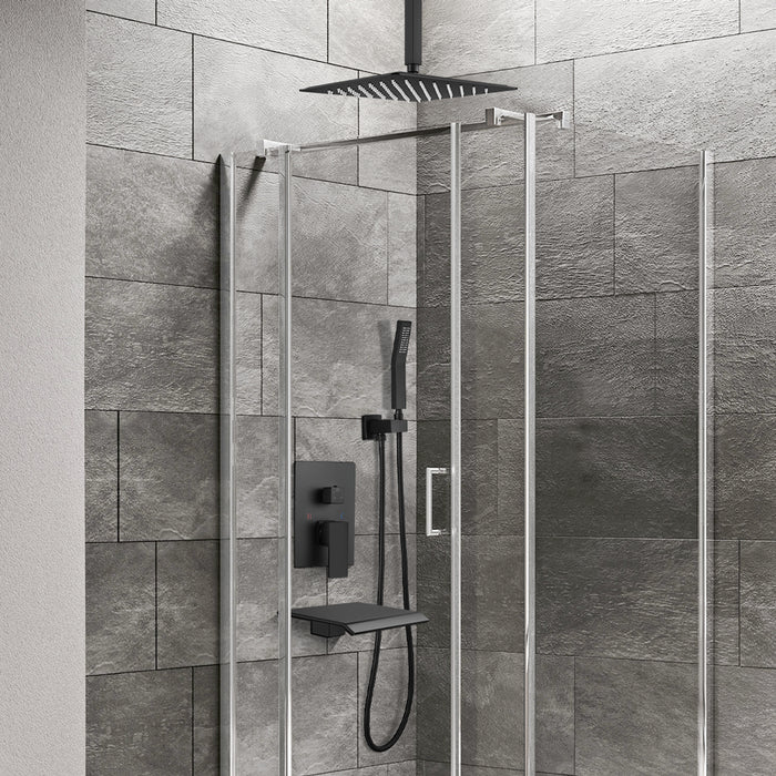 gotonovo 12 inch Matte Black Rain Mixer Shower Faucet Set with Waterfall Tub Spout Square Rainfall Shower Head with Handheld Spray Ceiling Mounted Rough-in Valve and Trim Included