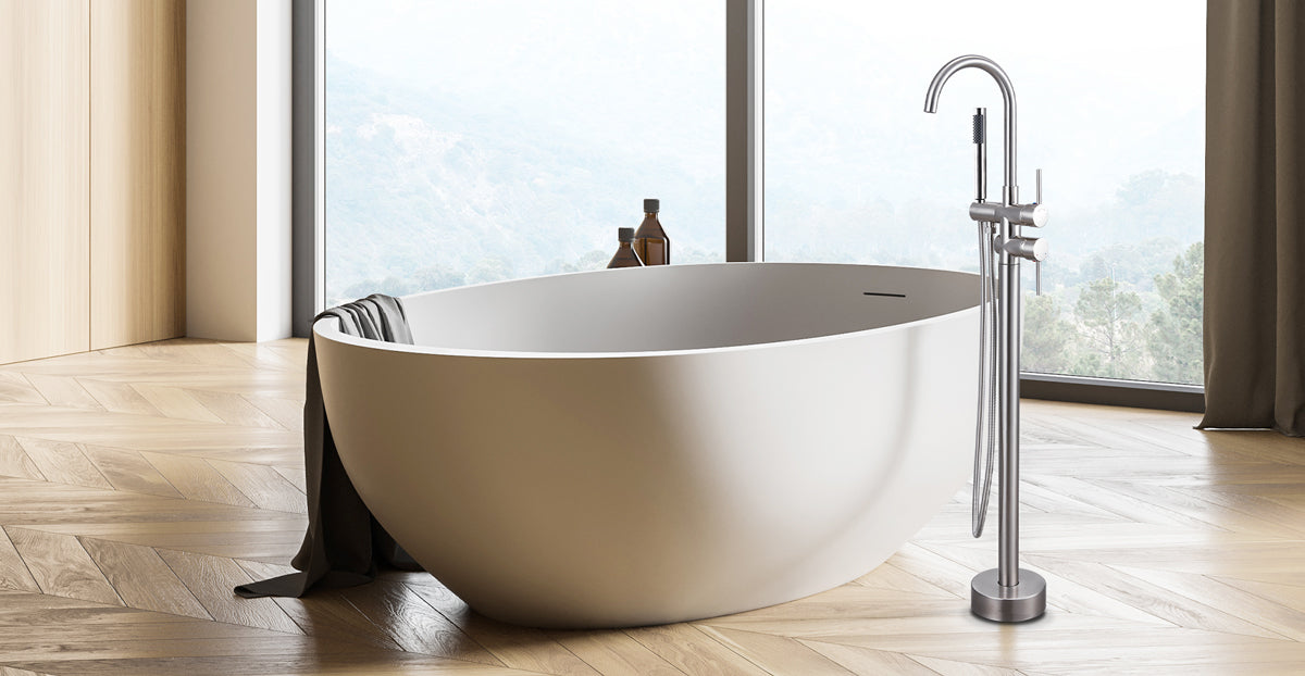 Freestanding Bathtub Faucet with Hand Held Shower Spray Polish Chrome Tub Filler Floor Mount High Flow Brass