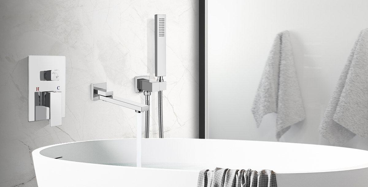 Wall Mount Bathtub Faucet with Hand Held Sprayer and Swivel Tub Filler Dual Functions Single Handle Bathroom Shower System