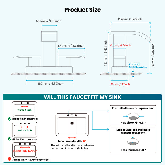 gotonovo 4 Inch Centerset Waterfall Bathroom Sink Faucet Deck Mount 2 Handle Basin Faucets 2 or 3 Hole with Pop Up Drain Included Lavatory Modern Mixer Tap Vanity Faucet