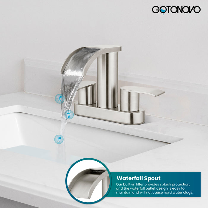gotonovo 4 Inch Centerset Waterfall Bathroom Sink Faucet Deck Mount 2 Handle Basin Faucets 2 or 3 Hole with Pop Up Drain Included Lavatory Modern Mixer Tap Vanity Faucet