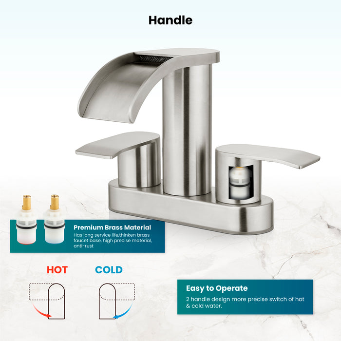 gotonovo 4 Inch Centerset Waterfall Bathroom Sink Faucet Deck Mount 2 Handle Basin Faucets 2 or 3 Hole with Pop Up Drain Included Lavatory Modern Mixer Tap Vanity Faucet