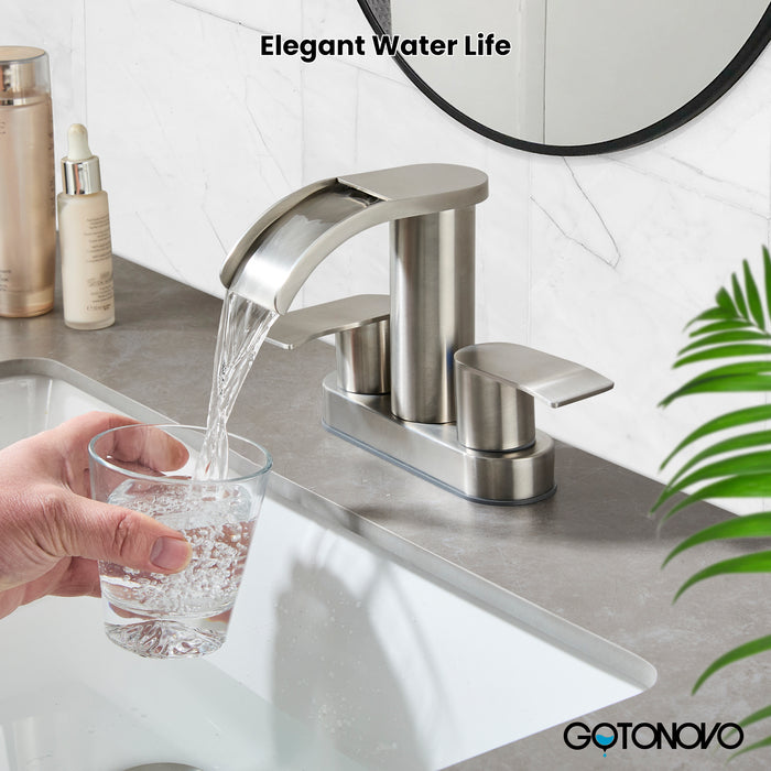 gotonovo 4 Inch Centerset Waterfall Bathroom Sink Faucet Deck Mount 2 Handle Basin Faucets 2 or 3 Hole with Pop Up Drain Included Lavatory Modern Mixer Tap Vanity Faucet