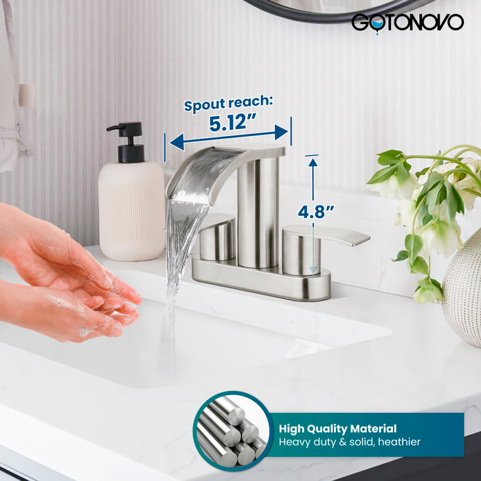 gotonovo 4 Inch Centerset Waterfall Bathroom Sink Faucet Deck Mount 2 Handle Basin Faucets 2 or 3 Hole with Pop Up Drain Included Lavatory Modern Mixer Tap Vanity Faucet