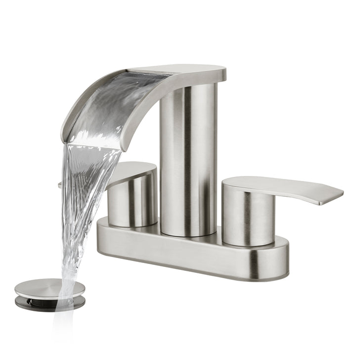 gotonovo 4 Inch Centerset Waterfall Bathroom Sink Faucet Deck Mount 2 Handle Basin Faucets 2 or 3 Hole with Pop Up Drain Included Lavatory Modern Mixer Tap Vanity Faucet