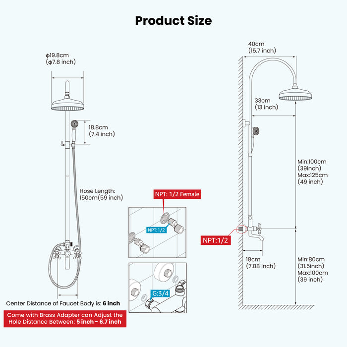 gotonovo Exposed Bathroom Shower System Classic Shower Kit 8 Inch Luxurious Rainfall Shower Head Handheld Spray Tub Filler Brass Pipe 3-Function Wall Mount Double Cross Knobs