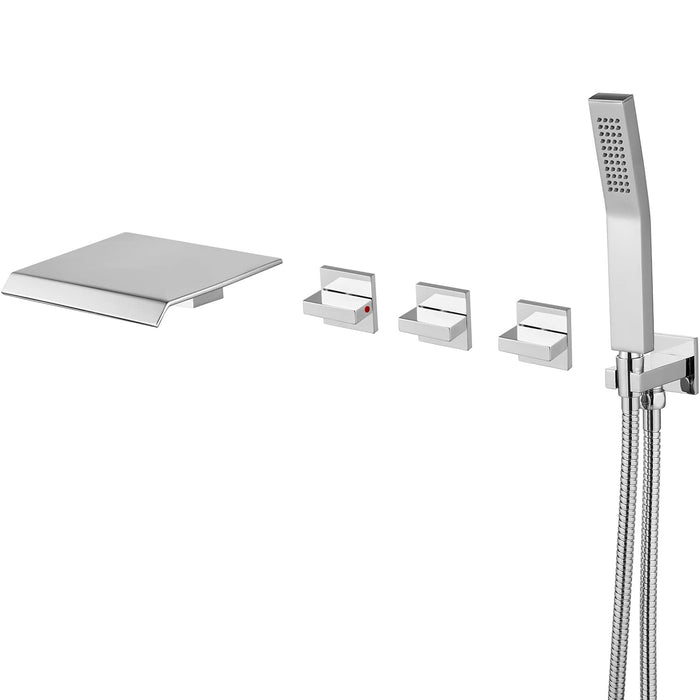 gotonovo Waterfall Tub Filler with Handheld Spray 3 Lever Handle Bathroom High Flow Rate Wall Mounted 2 Function Shower Faucet Set with Rough-in Shower Trim Kit Hot and Cold Mixer