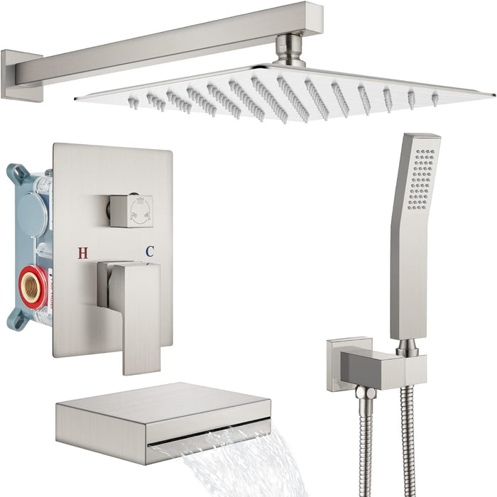 gotonovo Rain Mixer Shower Faucet Set Brushed Nickel Waterfall Tub Spout with Square Rainfall Shower Head and Handheld Spray Wall Mounted High Pressure Rough-in Valve and Trim Included