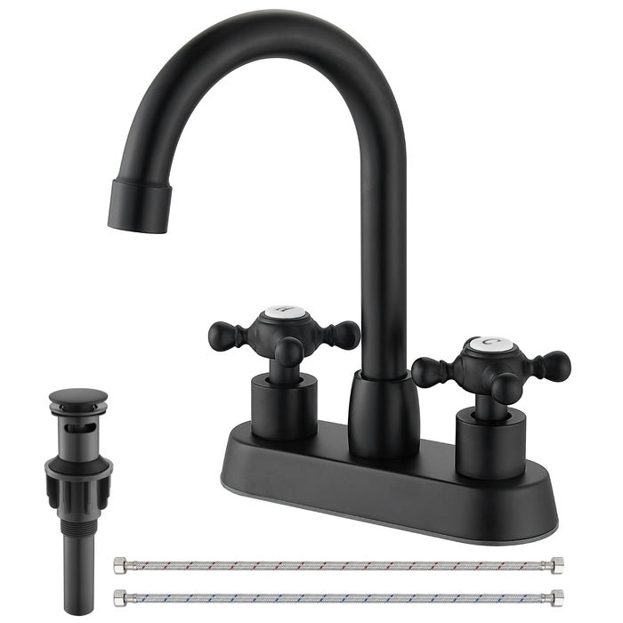 4 Inch centerset Bathroom Faucet Double Cross Handle Vanity Faucet 360° Swivel Spout Deck Mounted Mixer Tap with Pop up Drain Water Supply Hoses