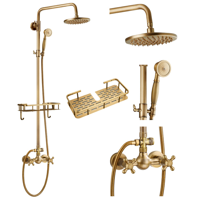 gotonovo Exposed Bathroom Shower Faucet Wall Mounted Shower System Dual Functions 8 inch Wall Mounted with Shower Shelf Double Cross Handles Adjustable Handheld Sprayer