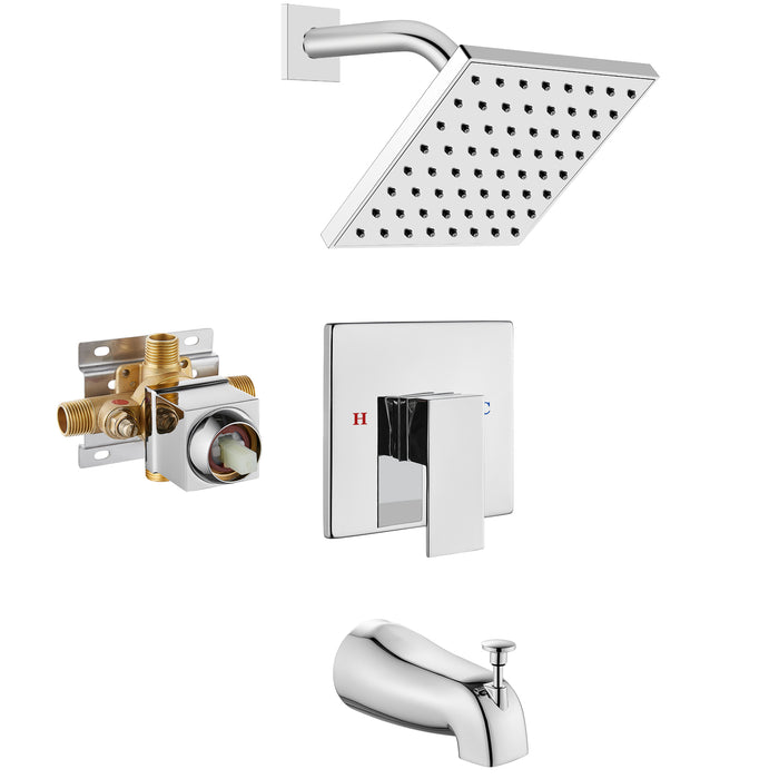 gotonovo 6" Square Showerhead Rainfall Shower System with Single Handle and Tub Spout Wall Mounted Bathroom Shower Trim Kit,Brass Male Threads Rough-in Valve