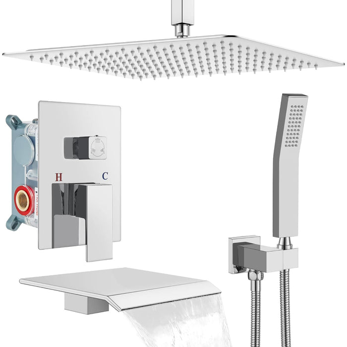 gotonovo 16 inch Rain Shower System Rainfall Shower Head Combo Shower Faucet Set with Waterfall Bathtub Spout Handheld Shower Ceiling Mount Rough-in Valve Kit Included