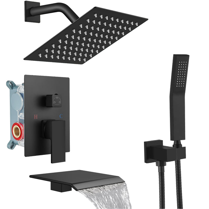 gotonovo Rain Shower System 8 Inch Square Rainfall Shower Head Shower Faucet Tub Set with Handheld Sprayer and Waterfall Tub Spout Rough-in Valve Shower Mixer Combo