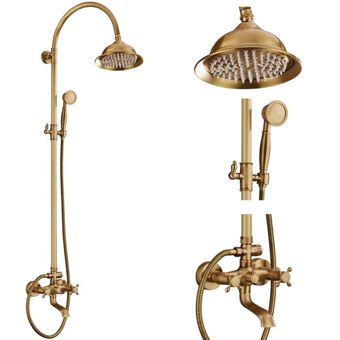 gotonovo Bathroom Classic Exposed Shower Faucet Wall Mount Shower System 8 Inch Luxurious Rainfall Shower Head Set with Tub Spout and Handheld Spray Double Cross Handles