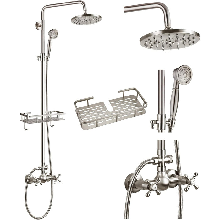 gotonovo Exposed Bathroom Shower Faucet Wall Mounted Shower System Dual Functions 8 inch Wall Mounted with Shower Shelf Double Cross Handles Adjustable Handheld Sprayer
