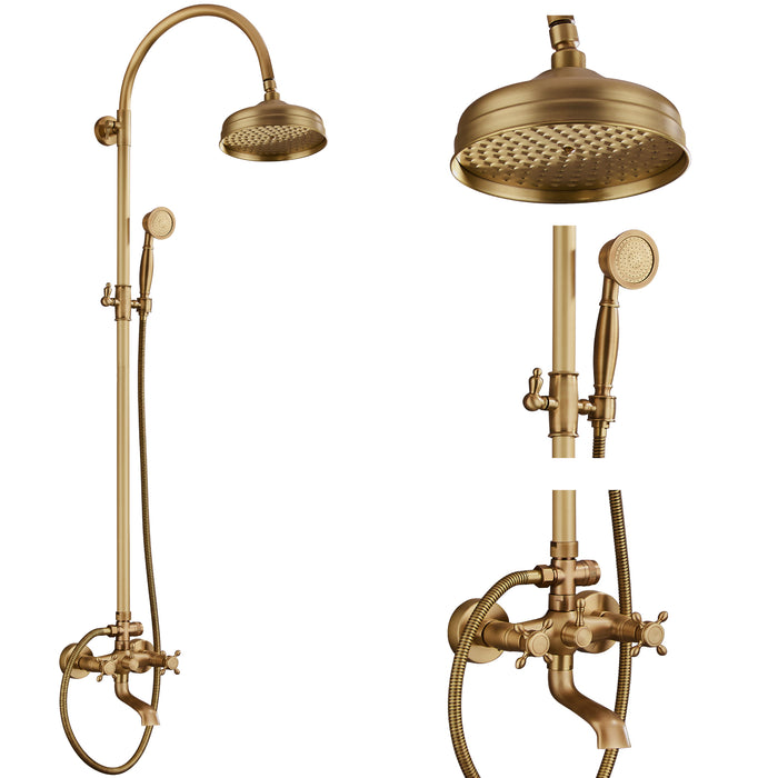 gotonovo Exposed Bathroom Shower System Classic Shower Kit 8 Inch Luxurious Rainfall Shower Head Handheld Spray Tub Filler Brass Pipe 3-Function Wall Mount Double Cross Knobs