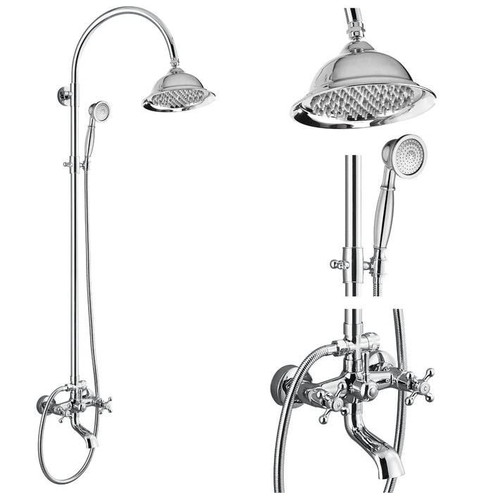 gotonovo Bathroom Classic Exposed Shower Faucet Wall Mount Shower System 8 Inch Luxurious Rainfall Shower Head Set with Tub Spout and Handheld Spray Double Cross Handles