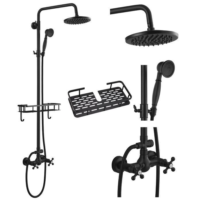 gotonovo Exposed Bathroom Shower Faucet Wall Mounted Shower System Dual Functions 8 inch Wall Mounted with Shower Shelf Double Cross Handles Adjustable Handheld Sprayer