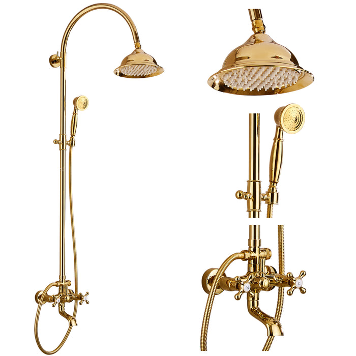 gotonovo Bathroom Classic Exposed Shower Faucet Wall Mount Shower System 8 Inch Luxurious Rainfall Shower Head Set with Tub Spout and Handheld Spray Double Cross Handles